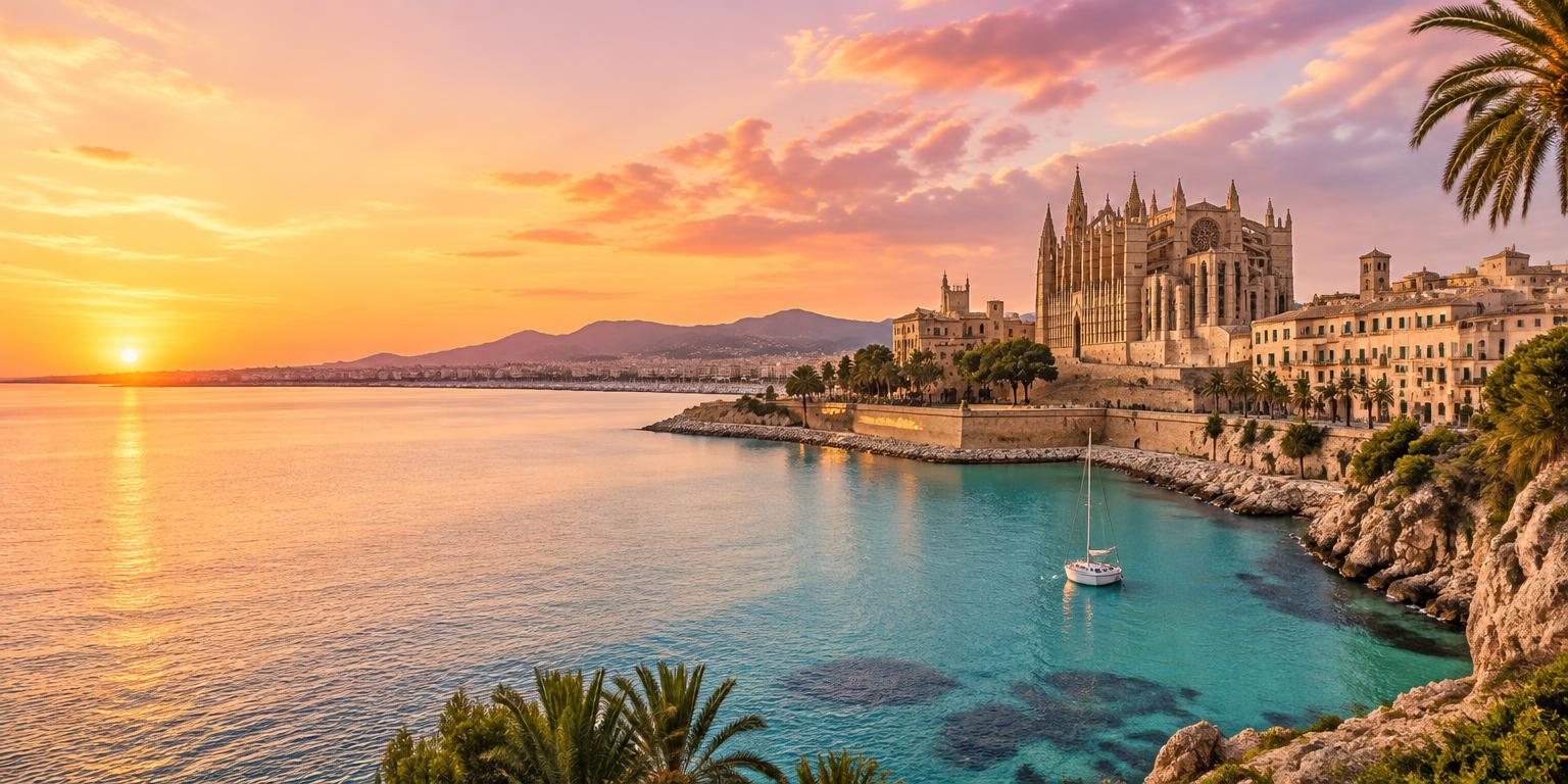 Palma de Mallorca – katedra i wybrzeże o zachodzie słońca